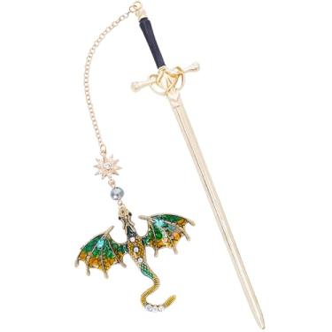 Imagem de Berirexrion Marcador de página Fantasy Dragon Sward – Marcador de página legal da quarta asa, pingente de metal com borla, pingente de metal antigo dourado verde, presente de leitura masculino,