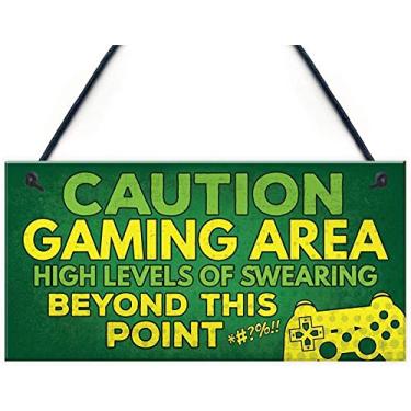 Imagem de Placa de madeira para gamer Caution Gaming Area novidade presente para filho, irmão, pai, homem, caverna, quarto de meninos, quarto, placas de porta, decoração 30,5 x 6 (XXQ110)