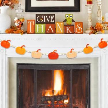 Imagem de Gistome Guirlanda de Contas de Madeira de 4,2 Pés para O Dia de Ação de Graças com Pingentes de Abóbora, Decoração com Contas de Tema de Outono Laranja com Abóbora de Feltro, Faixa (, Abóbora)