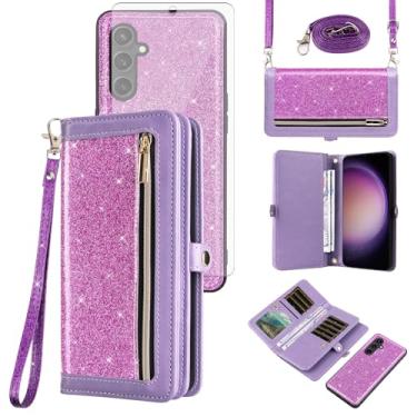 Imagem de Asuwish Capa de celular para Samsung Galaxy S23 FE 5G Carteira com zíper destacável com protetor de tela de vidro temperado, alça transversal com glitter, porta-cartões flip S 23 EF S23FE 23S feminina