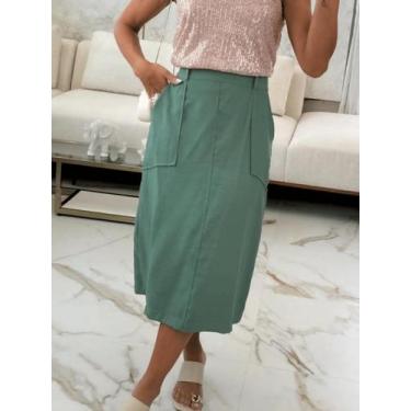 Imagem de Saia midi social feminina viscose sensorial premiun luxo com bolso est