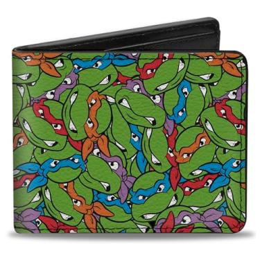 Imagem de Buckle-Down Carteira Nickelodeon, dobrável, rosto de tartarugas ninja adolescentes mutantes empilhadas verde multicolorido, couro vegano, 4.0" x 3.5", Casual