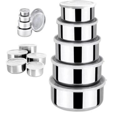 Imagem de Jogo 5 tigelas inox tampa hermética salada e alimentos - Tempo Real