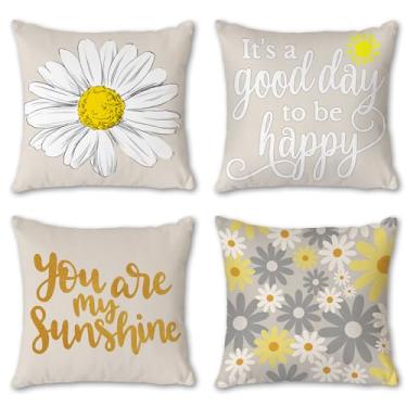 Imagem de Hexagram Conjunto de 4 capas de almofada de primavera, 45,7 x 45,7 cm, almofadas amarelas de verão para sofá, decoração floral de casa de fazenda para ambientes internos e externos, tema de luz do sol