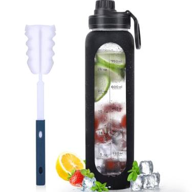 Imagem de GIEMIT Garrafas de água de vidro de 946 ml com manga de silicone, garrafas de hidratação reutilizáveis, borossilicato, boca larga, cantil motivacional com bico marcador de tempo, tampa e escova