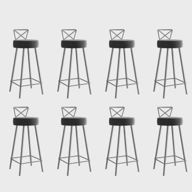 Imagem de Kit 08 Banqueta Alta Com Encosto Tânia Eiffel Cozinha Bar Bistrô Ferro Prata Corino Cinza - Ahz Móveis