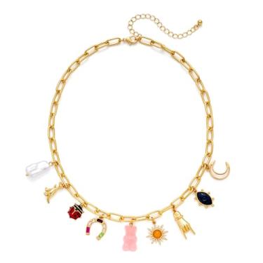 Imagem de INNERDIVA Colar com pingente de ouro, colar com pingente peculiar de 9 peças - Corrente de liga dourada com pingentes divertidos (dinossauro, joaninha, urso rosa...) Joias de fantasia presentes para