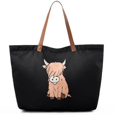 Imagem de LEMEDE Bolsa de compras personalizada ecológica - Sacolas minimalistas dobráveis de lona com zíper de 30L, presentes de aniversário para mulheres, Presentes Highland Cow - preto (marrom), Large