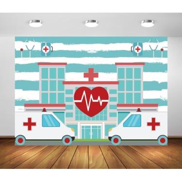 Imagem de CORFOTO 2,1 x 1,5 m tecido desenho animado hospital pano de fundo ambulância kit médico enfermeira graduação pano de fundo decorações de festa temática enfermeiras faixa de festa de enfermagem escola