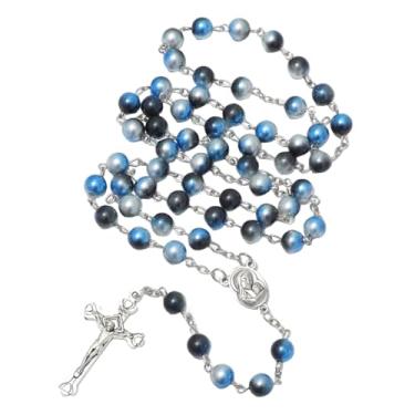 Imagem de Aoxmas Colar de rosário de pérola sintética com pingente de crucifixo, corrente longa de contas com pingente de cruz de metal banhado a prata para mulheres, Plástico, Sem Pedra Preciosa