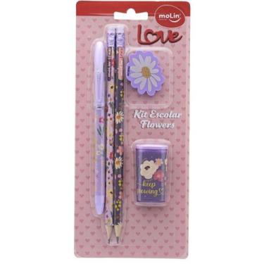 Imagem de Kit Escolar Love com Caneta, Lápis, Borracha e Apontador Molin