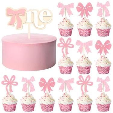 Imagem de Briwooody 13 peças de enfeite de bolo de madeira com laço rosa, decoração de 1º aniversário, adereços para fotos de cupcake para festa de aniversário de primeiro aniversário