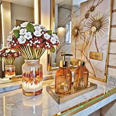 Imagem de Kit Lavabo Ambar Completo De Vidro Decoração Luxo Difusor Saboneteira 