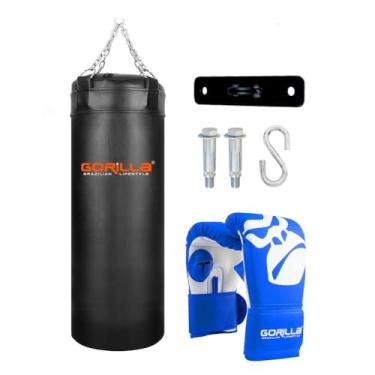 Imagem de Kit Completo Boxe Saco De Pancada Profissional Muay Thai + Luva Bate saco Pro + Suporte Teto Gorilla (Azul)