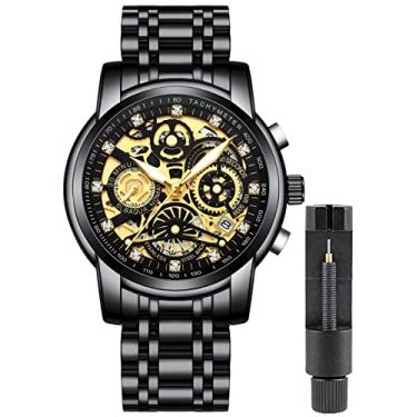 Imagem de Gosasa Relógios masculinos modernos vazados com diamantes cronografia de alta qualidade, relógio de pulso masculino de negócios com pulseira de aço inoxidável, calendário, quartzo luminoso, à prova d'água, Preto, dourado, Moda Empresarial Luxo