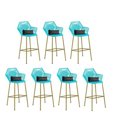 Imagem de Kit 07 Banqueta Alta Sttar Ferro Dourado Fibra Azul Turquesa Almofada Sintético Cinza - Amey Decor