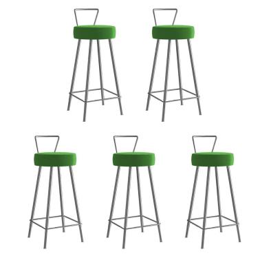 Imagem de Kit 05 Banqueta Alta Encosto Tays Eiffel Cozinha Bistrô Ferro Cinza Corino Verde Amey Decor