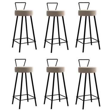 Imagem de Kit 06 Banqueta Alta Encosto Tays Eiffel Cozinha Bistrô Ferro Preto Suede Bege Amey Decor