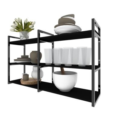Imagem de Prateleira Industrial Nichos Cozinha Preto Suporte Industrial Suspensa Ferro Madeirasimples
