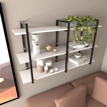 Imagem de Prateleira Industrial Sala Estar Estante Nicho Parede Ferro Madeira Suporte Branco Off White