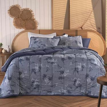 Imagem de Kit Cobre Leito Queen 3 Pçs Em Malha Floral Azul