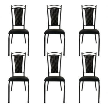 Imagem de Kit 6 Cadeira De Cozinha Tubular Aço Estofada Encosto Junco Preto