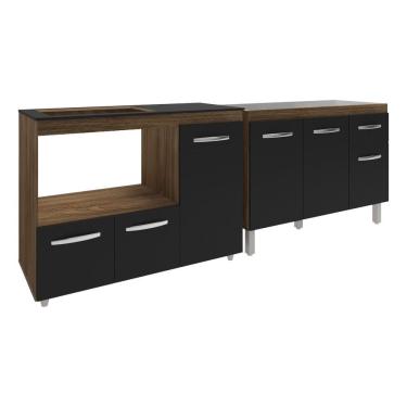 Imagem de Gabinete Cozinha Armário Balcão De Pia 120 Cm Aline E Balcão Para Fogão Cooktop 4 Bocas E Forno Alana Savana Preto