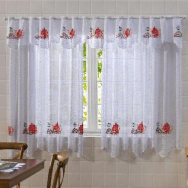 Imagem de Cortina de Renda Janela Cozinha Copa 2.80x1.50 Bule Vermelho Hora do C