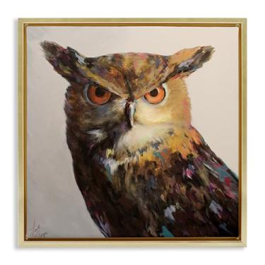 Imagem de Stupell Industries Pintura de retrato de coruja Aria com moldura dourada flutuante, arte de parede por Linda Sperruzzi, 25 x 25