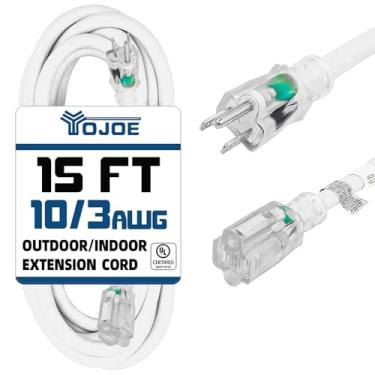 Imagem de yojoe Cabo De Extensão Para Ambientes Internos E Externos Com Ponta Iluminada, Alimentação 3 Pinos, 15 A, À Prova Intempéries, Calibre 10, Resistente, 4,5 M, Branco Garagem, Jardim Casa, 10/3 Sjtw,