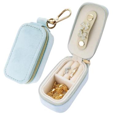 Imagem de FCGOD Mini Estojo De Viagem Veludo Para Joias - 2 Em 1, Porta-Anéis, Organizador Chaveiros, Bolsa Portátil Brincos/Colares, Armazenamento Diária Festas Casamento E Férias, Presente Mulheres (Azul)