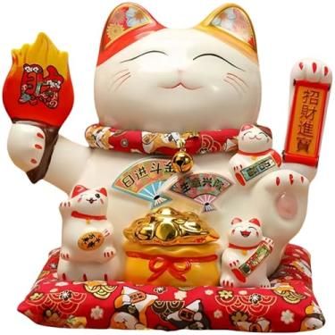 Imagem de HODESunPure Estátua De Gato Da Sorte Chinês Com Braço Acenando, Cerâmica, Maneki Neko, Dinheiro, Fortuna, Decorações Para Inauguração Loja, Escritório, Caixa Registradora, Decoração Mesa (9")