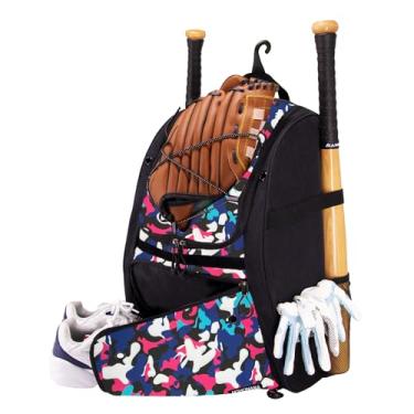 Imagem de HOHONANA Bolsa De Softball, Para Jovens, Taco Beisebol Com Compartimento Sapatos Ventilado, Gancho Cerca Basquete, Luva Rebatidas, Capacete, Equipamento Teeball Adulto, Padrão Azul-Rosa