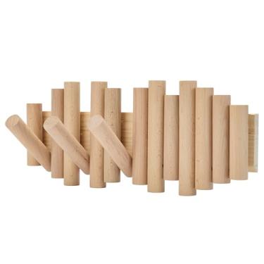 Imagem de Cabideiro de piano montado na parede de madeira natural | Casaco montado | Gancho de parede dobrável 5 ganchos | Ganchos de arte de entrada em nogueira (cilíndrico)