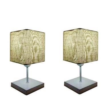 Imagem de Kit/2 Abajur Quadrado de Mesa Md-2008 Base Branco Cúpula Tec 15/13x13cm Rustico Bege - Bivolt