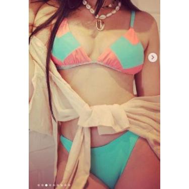 Imagem de biquini de banho verde detalhes rosas - taha modas