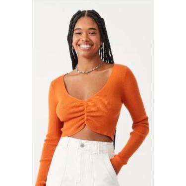 Imagem de Blusa cropped em trico canelado com manga longa e franzida laranja - d