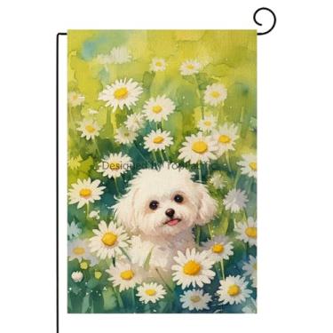 Imagem de TopPacific Bandeira de jardim maltês com margarida branca 30,5 x 45,7 cm bandeiras sazonais ao ar livre e bandeiras de linho dupla face grande para decoração de casa gramado pátio fazenda festa de