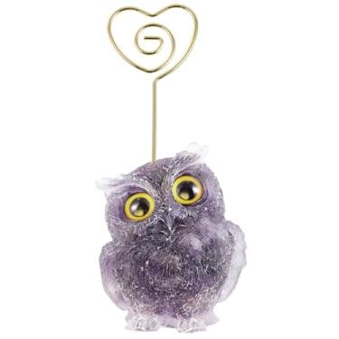 Imagem de Nupuyai Suporte de clipe de cartão de coruja de resina esculpida em pedra de coruja com clipe de coração, clipe de memorando, decoração de escritório em casa, ametista