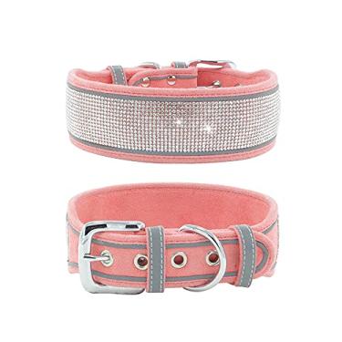Imagem de Pimaodog Coleira para cachorro com strass, deslumbrante espumante camurça macia refletora grande coleira de cachorro cristal diamante para cães médios e grandes (P: 30-38 cm, rosa)