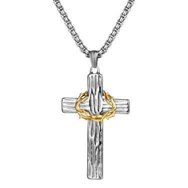Imagem de OIDEA Colar de cruz de coroa de espinhos para homens: colares com pingente de cruz de coroa de aço inoxidável, joias de fé cristã, presentes para homens e mulheres, Aço inoxidável, Sem Pedra Preciosa