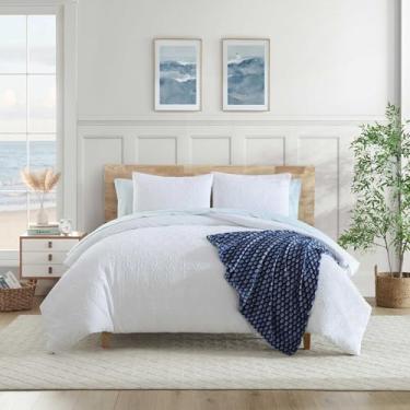 Imagem de Nautica - Conjunto de cama Queen, edredom em relevo com lençóis de cama combinando, fronhas, fronhas e manta de pelúcia, resistente a rugas, certificado Oeko-Tex (branco girassol)