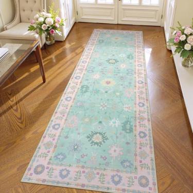 Imagem de LIVEBOX Tapete de corredor moderno Oushak, 5 x 15 cm, lavável em rosa e verde, antiderrapante Boho macio para quarto, tapete turco ultrafino para uso interno, para cozinha, lavanderia, banheiro