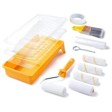 Imagem de VOOMEY Kit de rolo de tinta, conjunto de rolos de pintura pequenos de 10 cm com rolos de tinta de espuma, rolos de tinta de microfibra de 10 cm, pincel de pintura de rolo, bandeja de tinta com forros