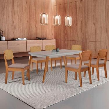 Imagem de Mesa De Jantar Copper 180cm Tampo Mdf Vidro 6 Cadeiras Linho Capuccino/off/nat/serig. Off