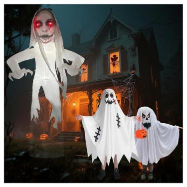 Imagem de 3,5 m de Halloween infláveis levitando fantasma branco noiva decorações ao ar livre, assustadores infláveis animados olhos vermelhos fantasma com luzes LED embutidas para jardim, gramado, pátio, fora