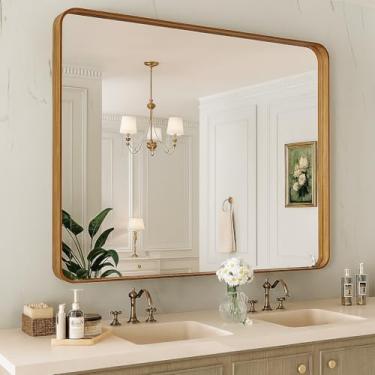 Imagem de miroro Espelho emoldurado de metal colorido de grão de madeira de 101 x 61 cm para parede, espelho retangular arredondado grande, antiferrugem, vidro temperado, pendurado horizontal ou verticalmente