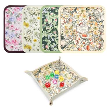 Imagem de LELE LIFE Pacote com 4 bandejas de dados para enrolar, caixa de dados dobrável de flores vintage, suporte de armazenamento de jogos de tabuleiro de couro sintético para acessórios DND