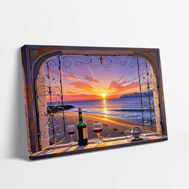 Imagem de KAWAHONE Arte de parede com vista de janela, pôr do sol, praia, mar, praia, paisagem marítima, vintage, arte, paisagem, realismo, rústico, cênico, colorido, relaxamento/calmo para sala de estar