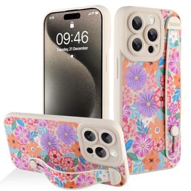 Imagem de AIGOMARA Capa para iPhone 15 Pro com alça para mulheres e meninas, linda estampa de flores florais coloridas, capa protetora de silicone com suporte de faixa macia, branca